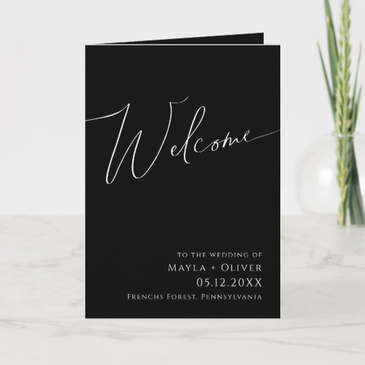 Whimsical-minimalistisch script | Black Folded Wed Programma (Voorkant)