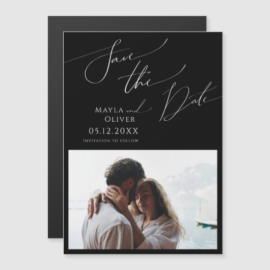 Whimsical-minimalistisch script | Zwarte bewaardat Magnetische Uitnodiging (Voorkant / Achterkant)