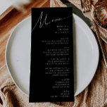 Whimsical-minimalistisch script | Zwarte bruiloft Menu<br><div class="desc">Dit slimme minimalistische script | Het zwarte trouwmenu is perfect voor je klassieke, eenvoudige zwarte en witte, moderne boho bruiloft. Het ontwerp biedt elegante, delicate en romantische handgeschreven kalligrafie met een formele shabby chic typografie. De blik zal goed gaan met om het even welk trouwseizoen: lente, zomer, herfst, of winter!...</div>