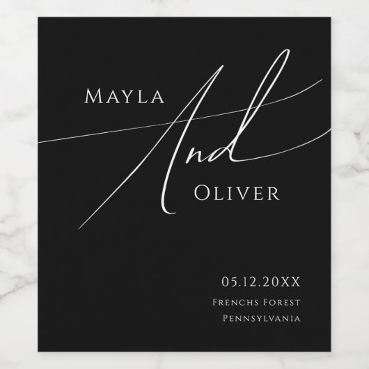 Whimsical-minimalistisch script | Zwarte bruiloft Wijn Etiket (Enkel label)