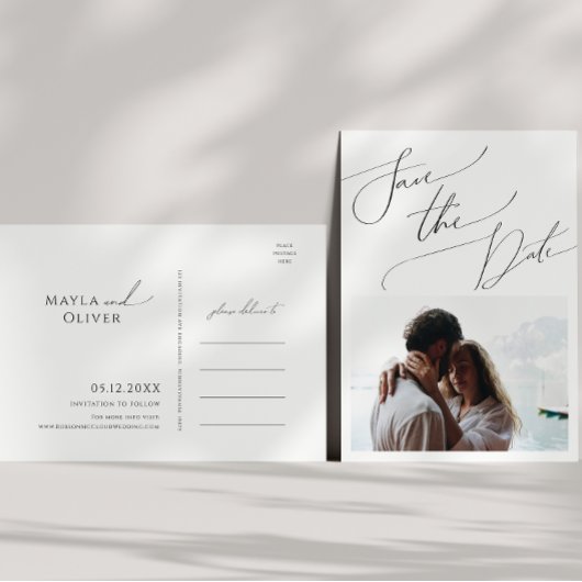 Whimsical Minimalistische Script Foto Save The Dat Uitnodiging Briefkaart