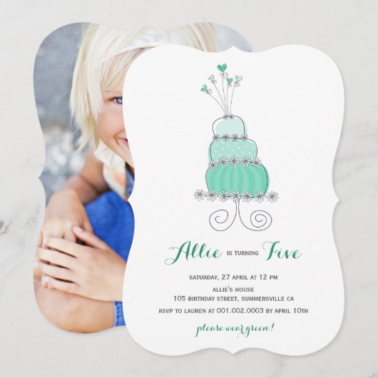 Whimsical Mint Cake Girl Birthday Party Invite Kaart (Voorkant / Achterkant)