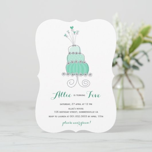 Whimsical Mint Cake Girl Birthday Party Invite Kaart (Staand voorkant)