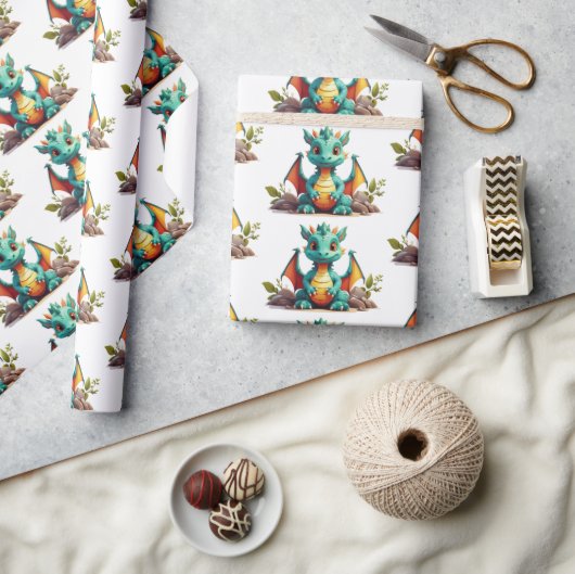 Whimsical Mint Green Baby Dragon Wrapping Paper Cadeaupapier (Crafts)