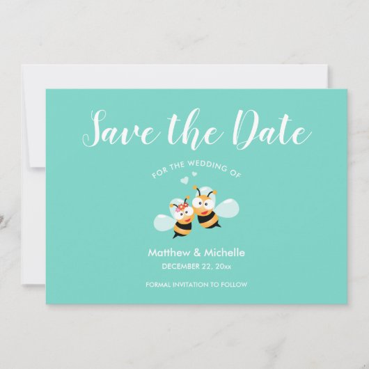 Whimsical Mint to be Honey Bee Couple Cute Wedding Save The Date (Voorkant)