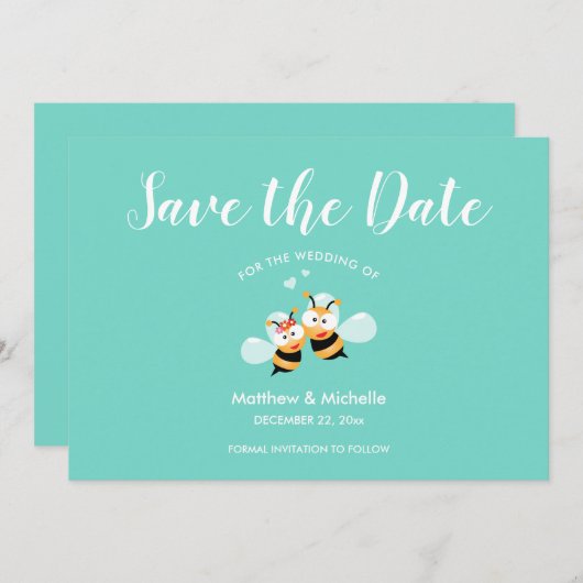Whimsical Mint to be Honey Bee Couple Cute Wedding Save The Date (Voorkant / Achterkant)