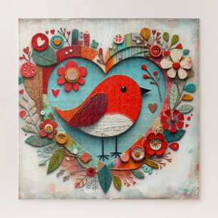 Whimsical mixed media Rode Robin Vogel Hart Legpuzzel