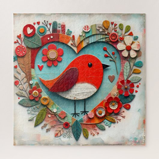 Whimsical mixed media Rode Robin Vogel Hart Legpuzzel (Verticaal)