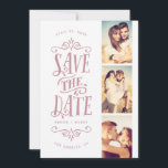 Whimsical Mod 3-Photo Save the Date | Mauve<br><div class="desc">Zegt uw datum in stijl met deze 3-foto samen sparen de datumkaart die gewaagde typografie bevat. Het omgekeerde kenmerkt een gestreepte patroon en een extra foto en een tekst.</div>