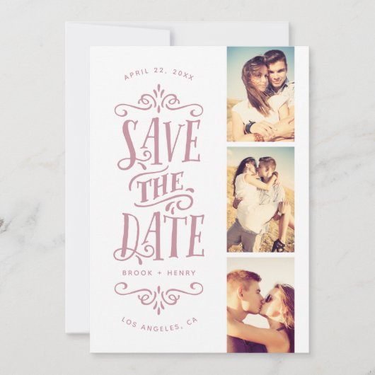 Whimsical Mod 3-Photo Save the Date | Mauve (Voorkant)