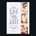 Whimsical Mod 3-Photo Save the Date | Periwinkle<br><div class="desc">Zegt uw datum in stijl met deze 3-foto samen sparen de datumkaart die gewaagde typografie bevat. Het omgekeerde kenmerkt een gestreepte patroon en een extra foto en een tekst.</div>