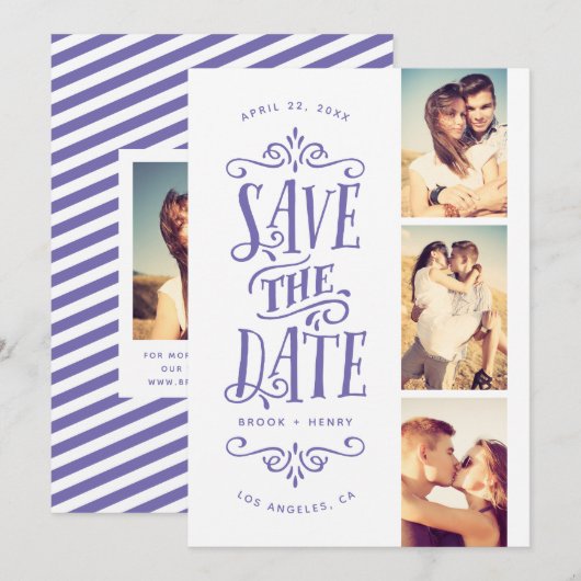 Whimsical Mod 3-Photo Save the Date | Periwinkle (Voorkant / Achterkant)