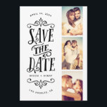 Whimsical Mod 3-Photo Save the Date | Zwart<br><div class="desc">Zegt uw datum in stijl met deze 3-foto samen sparen de datumkaart die gewaagde typografie bevat. Het omgekeerde kenmerkt een gestreepte patroon en een extra foto en een tekst.</div>