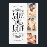 Whimsical Mod 3-Photo Save the Date | Zwart<br><div class="desc">Zegt uw datum in stijl met deze 3-foto samen sparen de datumkaart die gewaagde typografie bevat. Het omgekeerde kenmerkt een gestreepte patroon en een extra foto en een tekst.</div>
