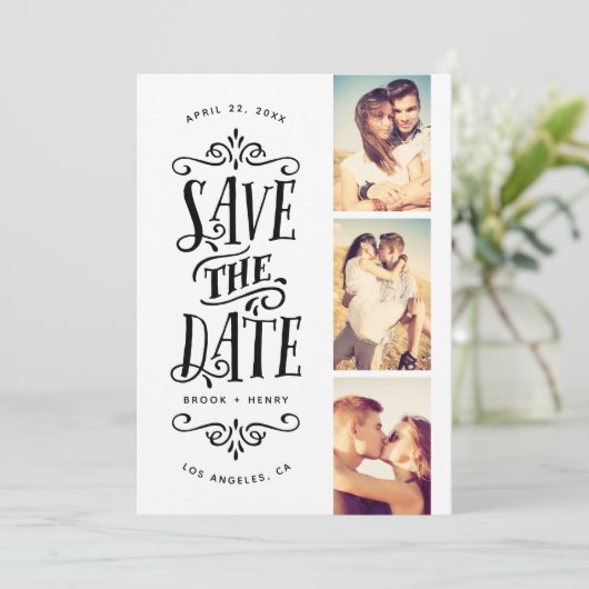Whimsical Mod 3-Photo Save the Date | Zwart (Staand voorkant)