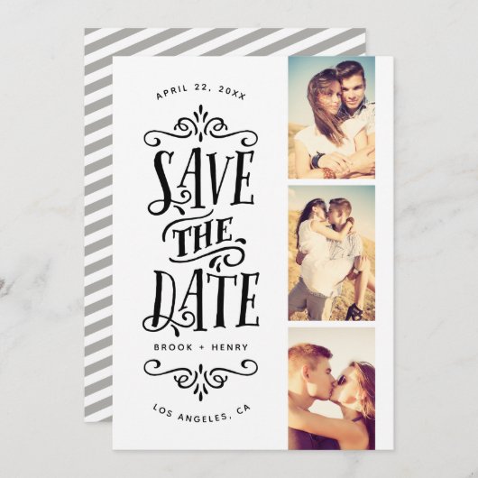 Whimsical Mod 3-Photo Save the Date | Zwart (Voorkant / Achterkant)