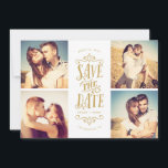 Whimsical Mod 4-Photo Save the Date | Goud<br><div class="desc">Zegt uw datum in stijl met deze 4-foto samen sparen de datumkaart die vette typografie bevat. Het omgekeerde kenmerkt een gestreepte patroon en een extra foto en een tekst.</div>
