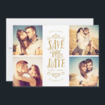 Whimsical Mod 4-Photo Save the Date | Goud<br><div class="desc">Zegt uw datum in stijl met deze 4-foto samen sparen de datumkaart die vette typografie bevat. Het omgekeerde kenmerkt een gestreepte patroon en een extra foto en een tekst.</div>
