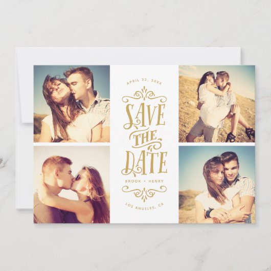 Whimsical Mod 4-Photo Save the Date | Goud (Voorkant)