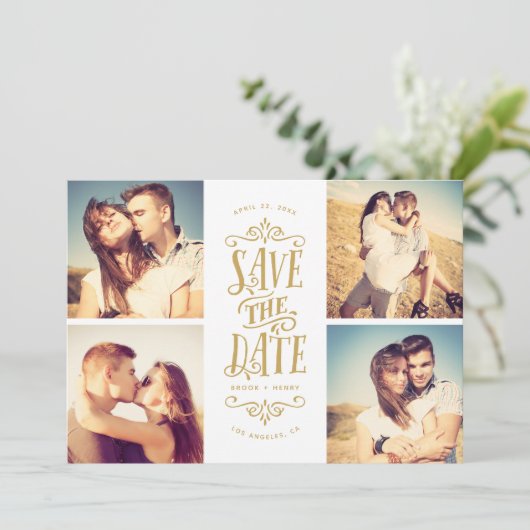 Whimsical Mod 4-Photo Save the Date | Goud (Staand voorkant)