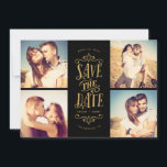 Whimsical Mod 4-Photo Save the Date | Goud zwart<br><div class="desc">Zegt uw datum in stijl met deze 4-foto samen sparen de datumkaart die vette typografie bevat. Het omgekeerde kenmerkt een gestreepte patroon en een extra foto en een tekst.</div>