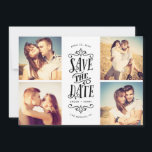 Whimsical Mod 4-Photo Save the Date | Zwart<br><div class="desc">Zegt uw datum in stijl met deze 4-foto samen sparen de datumkaart die vette typografie bevat. Het omgekeerde kenmerkt een gestreepte patroon en een extra foto en een tekst.</div>