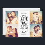 Whimsical Mod 4-Photo Save the Date | Zwart<br><div class="desc">Zegt uw datum in stijl met deze 4-foto samen sparen de datumkaart die vette typografie bevat. Het omgekeerde kenmerkt een gestreepte patroon en een extra foto en een tekst.</div>