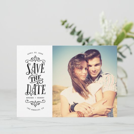 Whimsical Mod Photo Save the Date | Zwart (Staand voorkant)