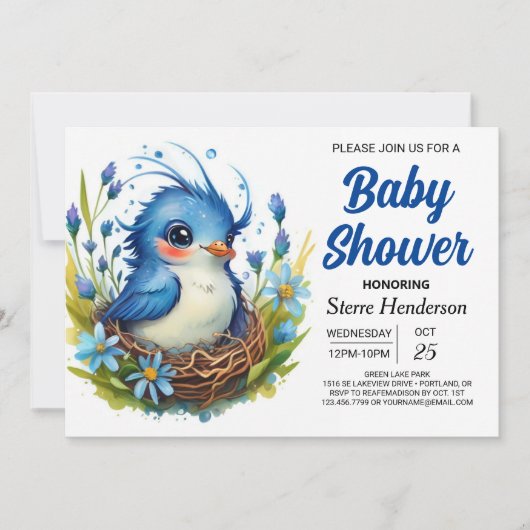 Whimsical Modern Bossen Bird Boy Baby shower Kaart (Voorkant)