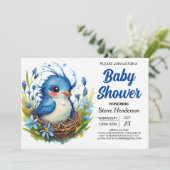 Whimsical Modern Bossen Bird Boy Baby shower Kaart (Staand voorkant)