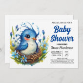 Whimsical Modern Bossen Bird Boy Baby shower Kaart (Voorkant / Achterkant)
