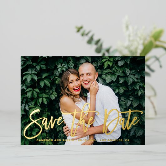 Whimsical Modern Calligraphy Photo Save the Date Folie Uitnodiging (Staand Voorkant)