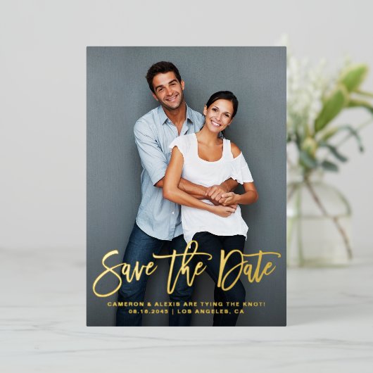 Whimsical Modern Calligraphy Save the Date Photo Folie Uitnodiging (Staand Voorkant)