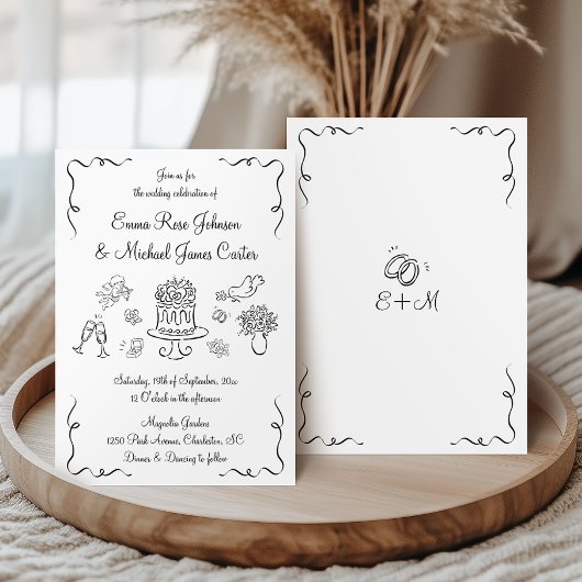 Whimsical Modern Hand getrokken bruiloft Kaart