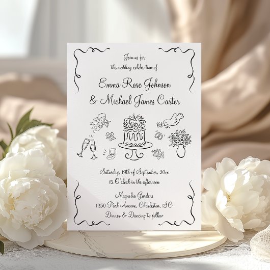 Whimsical Modern Hand getrokken bruiloft Kaart