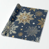 Whimsical Modern Navy Gold Snowflakes & Hearts Cadeaupapier (Uitgerold)