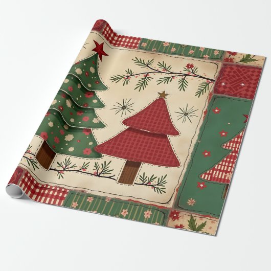 Whimsical Modern Red & Green Christmas Floral  Cadeaupapier (Uitgerold)