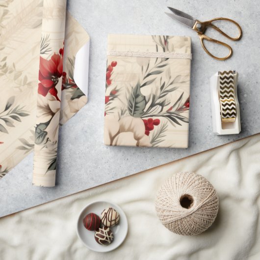 Whimsical Modern Rood & Groen Kerst Bloemen Cadeaupapier (Crafts)