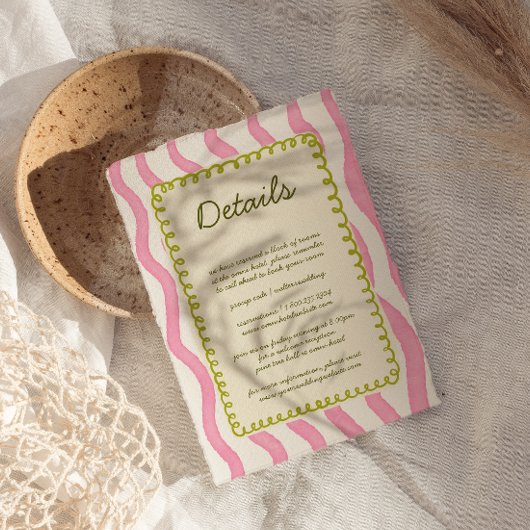 Whimsical Modern Roze & Groen Bruiloftsdetail Kaar Informatiekaartje
