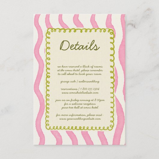 Whimsical Modern Roze & Groen Bruiloftsdetail Kaar Informatiekaartje (Voorkant)