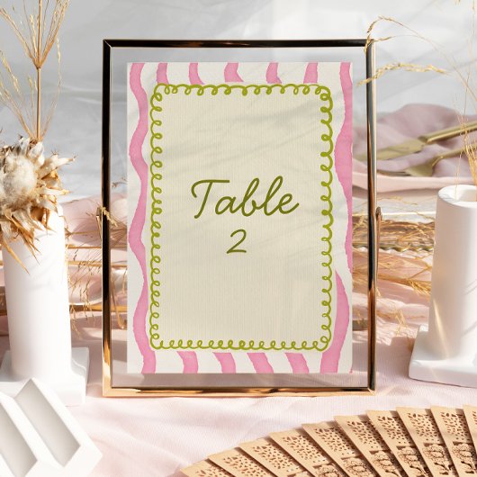 Whimsical Modern Roze & Groen Trouwtafel Nummer Kaart