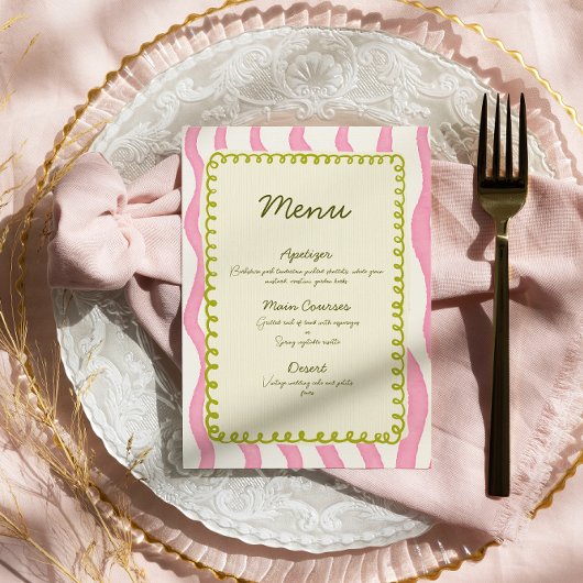 Whimsical Modern Roze & Groen Wedding Menu Kaart