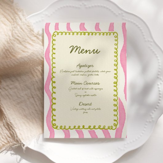 Whimsical Modern Roze & Groen Wedding Menu Kaart