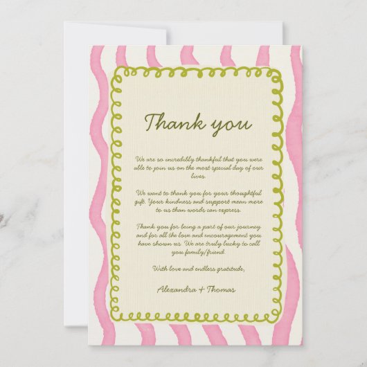 Whimsical Modern Roze & Groene bruiloft Dank u Kaart (Voorkant)