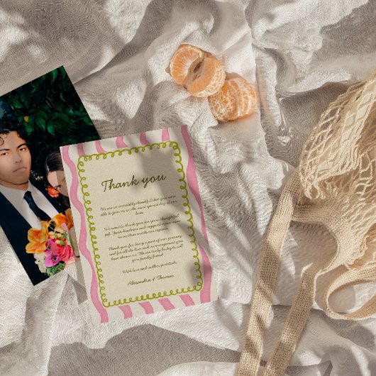 Whimsical Modern Roze & Groene bruiloft Dank u Kaart