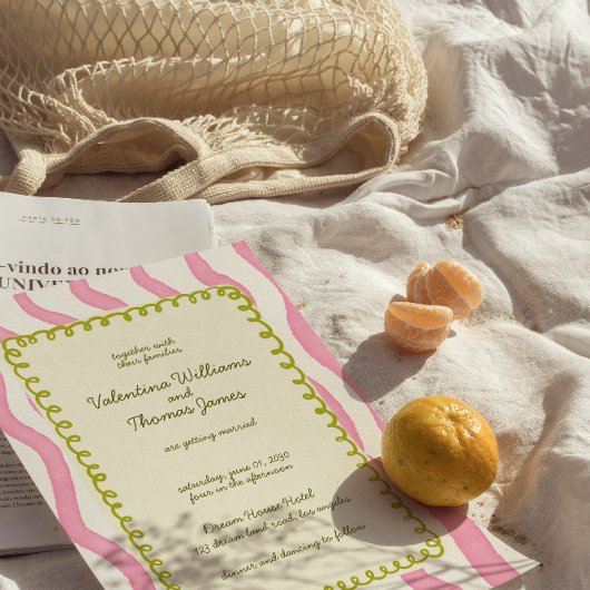 Whimsical Modern Roze & Groene bruiloft uitnodigin Kaart