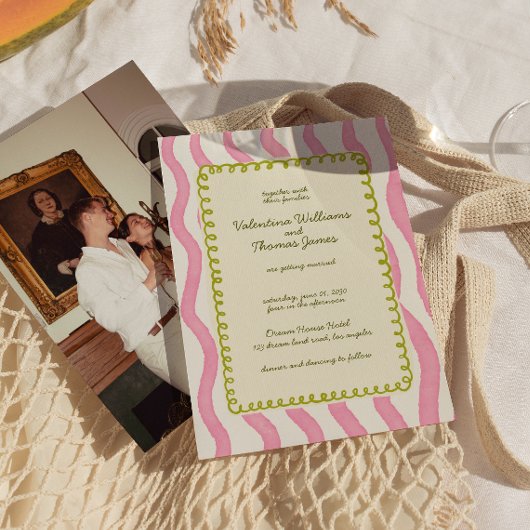 Whimsical Modern Roze & Groene bruiloft uitnodigin Kaart
