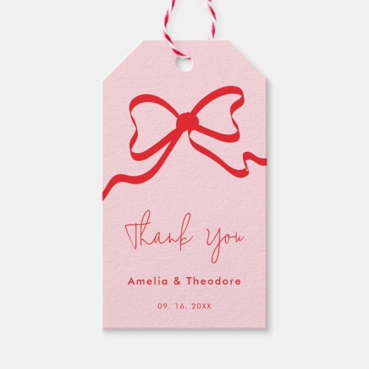 Whimsical Modern Roze Rode Boog Wedding Cadeaulabel (Voorkant)