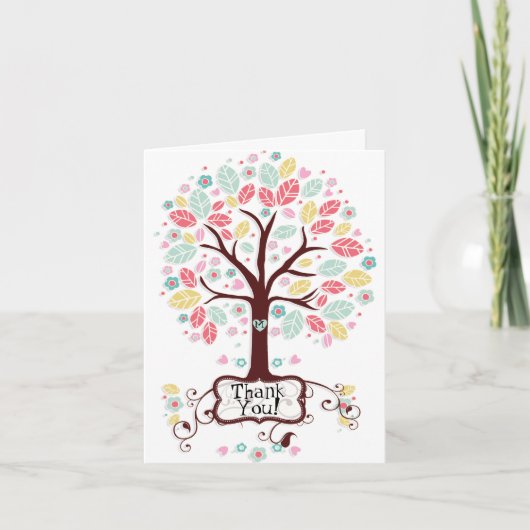 Whimsical Modern Swirl Heart Flower Tree Dank u Bedankkaart (Voorkant)