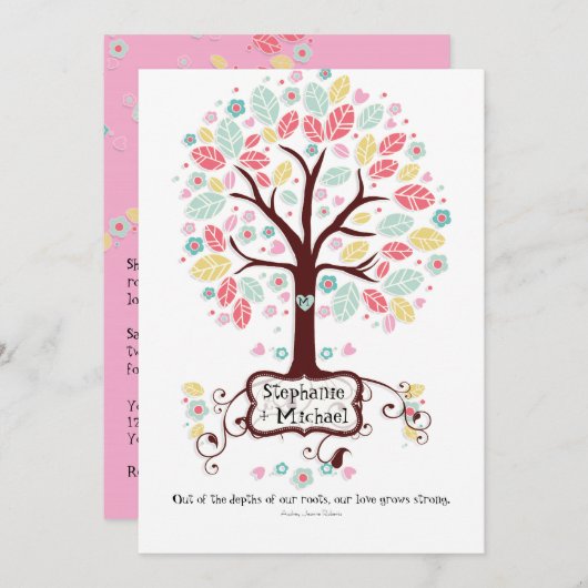 Whimsical Modern Swirl Heart Flower Tree Wedding Kaart (Voorkant / Achterkant)